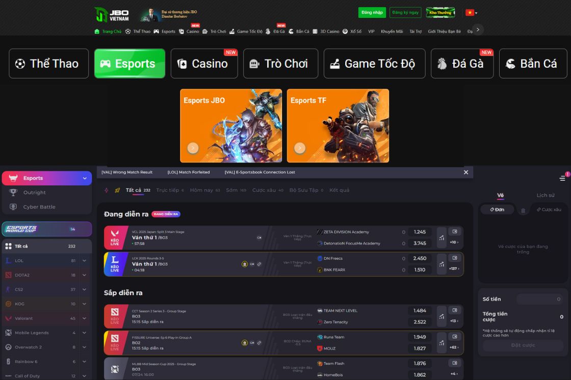 Giới thiệu: JBO (Just Bet Online) ra mắt năm 2019, nhanh chóng trở thành lựa chọn hàng đầu của nhiều bet thủ Esport tại Việt Nam.